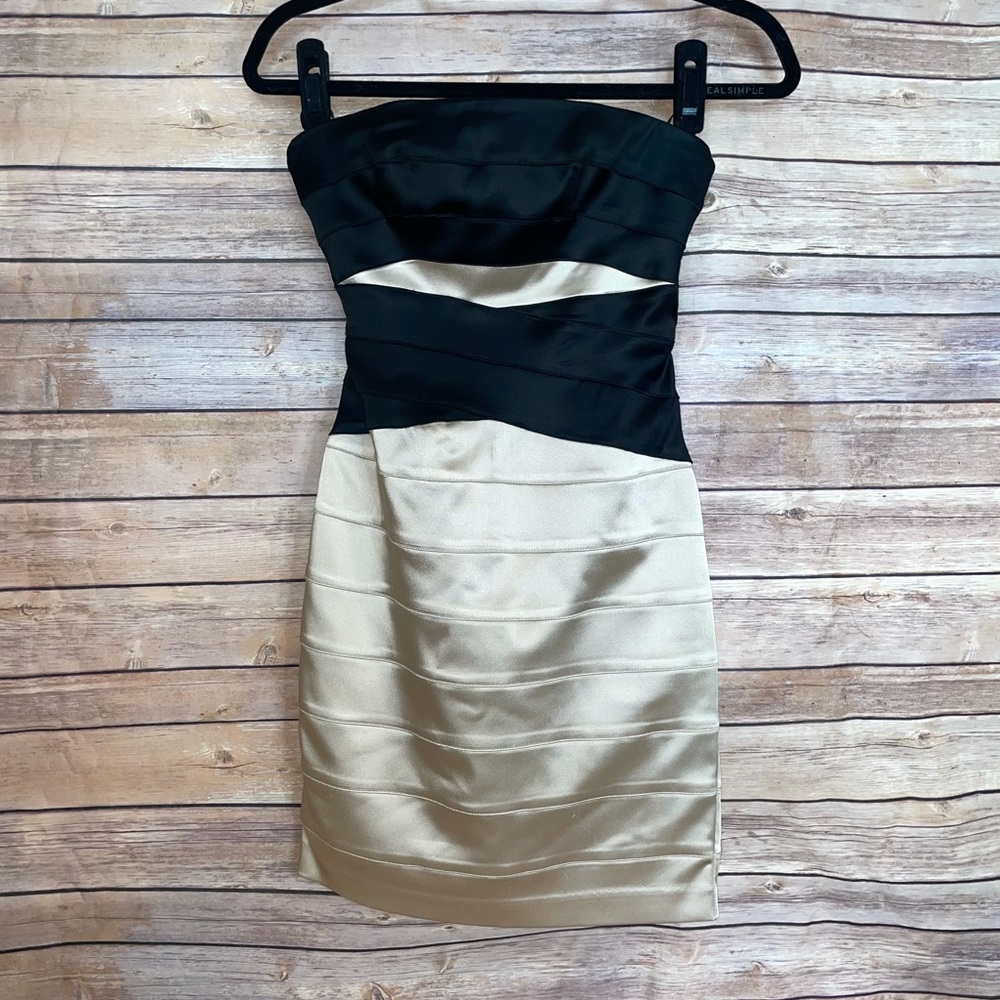 Bebe Strapless Satin Black & Champagne Bandage Dress - Picture 12 of 12